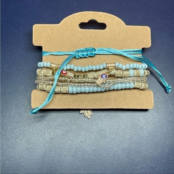 Light Blue WOMEN'S Beaded Multilayer Bracelet Set Boho Hamsa Evil Eye Pendant - Picture 3 of 3